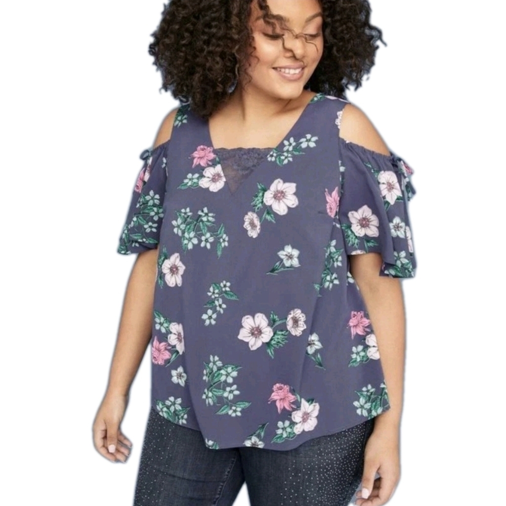 Lane Bryant Floral Cold Shoulder Top Women's 18 Boho Chic Feminine Garden Party
